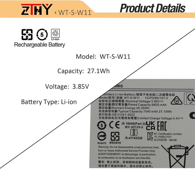 ZTHY WT-S-W11 Tablet Battery Replacement for Samsung Galaxy Tab A9+ A9 Plus 11" 11-inch Series SM-X210 SM-X215 SM-X216 SM-X218 SM-X218U SM-X218B SM-X216B SM-X216N SM-X210N SM-X210NA 1ICP3/80/107-2 - Image 2